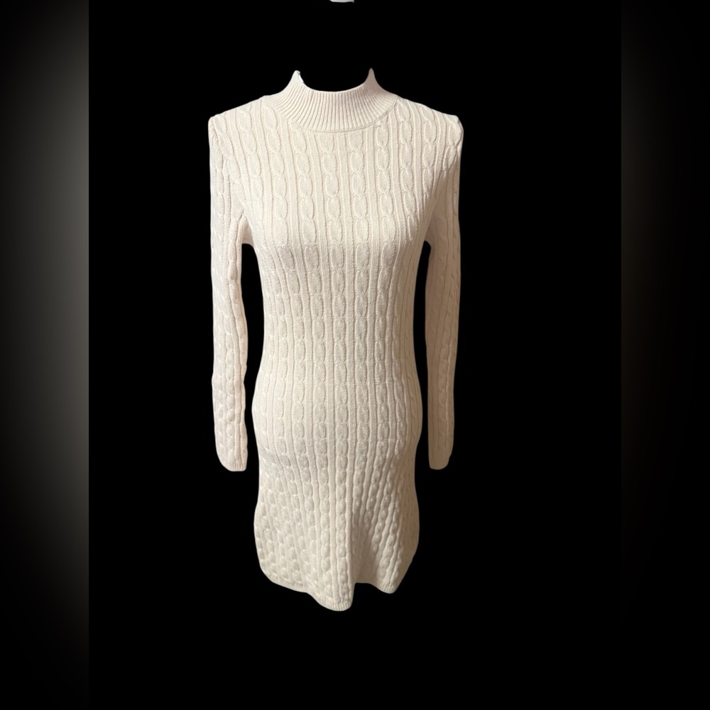 🤍 Hollister Mock Turtleneck Cable Knit Sweater Dress – Cream, L 🤍